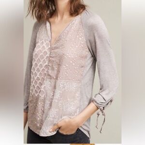 Anthropologie Tiny Patchwork Top Women's Gray Metallic 3/4 Sleeve